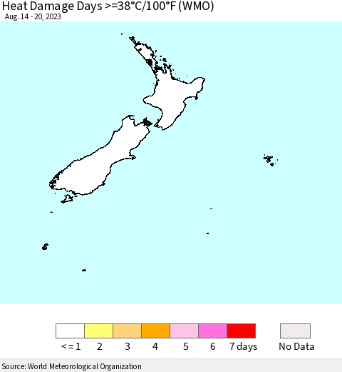 New Zealand Heat Damage Days >=38°C/100°F (WMO) Thematic Map For 8/14/2023 - 8/20/2023