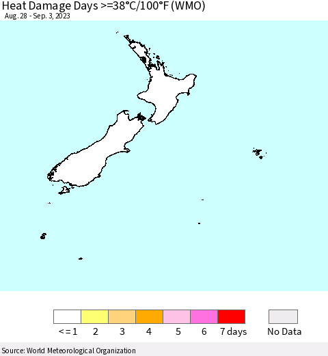 New Zealand Heat Damage Days >=38°C/100°F (WMO) Thematic Map For 8/28/2023 - 9/3/2023