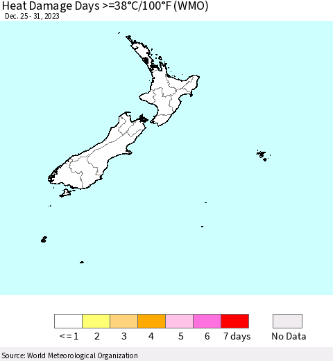New Zealand Heat Damage Days >=38°C/100°F (WMO) Thematic Map For 12/25/2023 - 12/31/2023