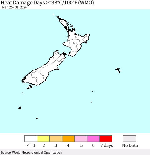 New Zealand Heat Damage Days >=38°C/100°F (WMO) Thematic Map For 3/25/2024 - 3/31/2024