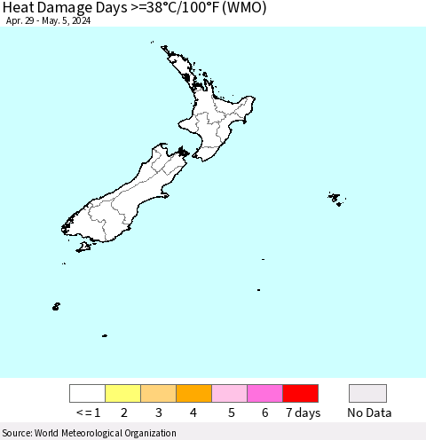 New Zealand Heat Damage Days >=38°C/100°F (WMO) Thematic Map For 4/29/2024 - 5/5/2024