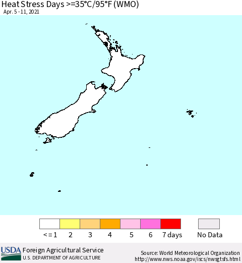 New Zealand Heat Stress Days >=35°C/95°F (WMO) Thematic Map For 4/5/2021 - 4/11/2021