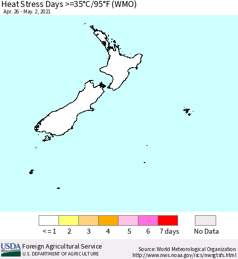 New Zealand Heat Stress Days >=35°C/95°F (WMO) Thematic Map For 4/26/2021 - 5/2/2021