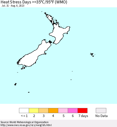 New Zealand Heat Stress Days >=35°C/95°F (WMO) Thematic Map For 7/31/2023 - 8/6/2023