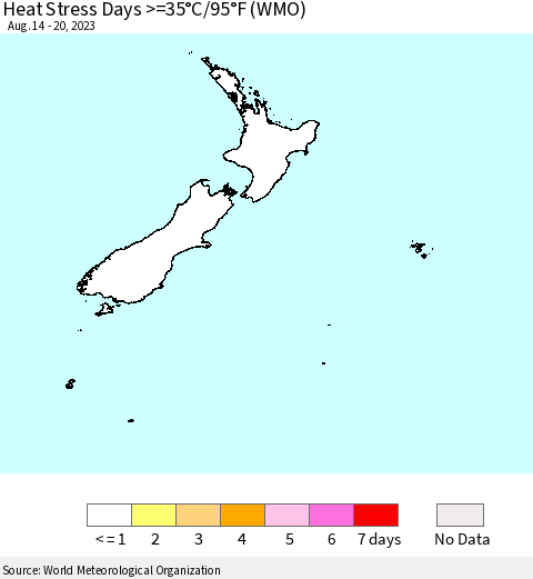 New Zealand Heat Stress Days >=35°C/95°F (WMO) Thematic Map For 8/14/2023 - 8/20/2023