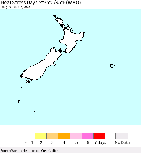 New Zealand Heat Stress Days >=35°C/95°F (WMO) Thematic Map For 8/28/2023 - 9/3/2023