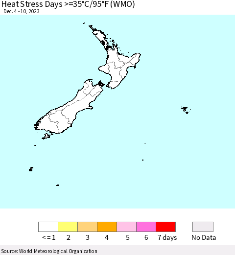 New Zealand Heat Stress Days >=35°C/95°F (WMO) Thematic Map For 12/4/2023 - 12/10/2023