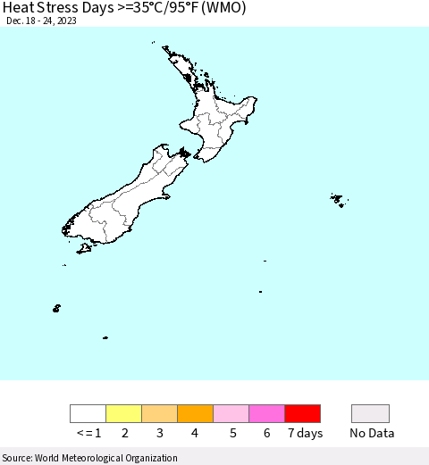 New Zealand Heat Stress Days >=35°C/95°F (WMO) Thematic Map For 12/18/2023 - 12/24/2023
