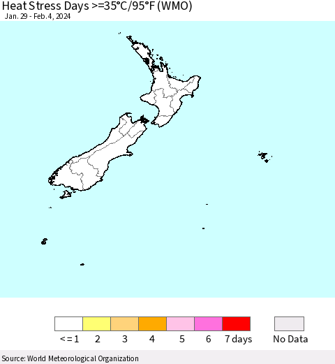 New Zealand Heat Stress Days >=35°C/95°F (WMO) Thematic Map For 1/29/2024 - 2/4/2024