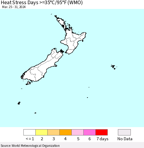 New Zealand Heat Stress Days >=35°C/95°F (WMO) Thematic Map For 3/25/2024 - 3/31/2024
