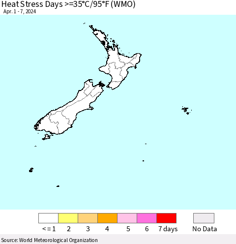 New Zealand Heat Stress Days >=35°C/95°F (WMO) Thematic Map For 4/1/2024 - 4/7/2024