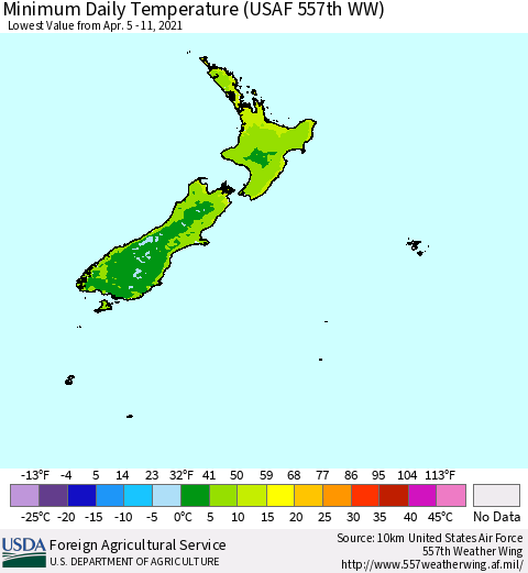 New Zealand Minimum Daily Temperature (USAF 557th WW) Thematic Map For 4/5/2021 - 4/11/2021
