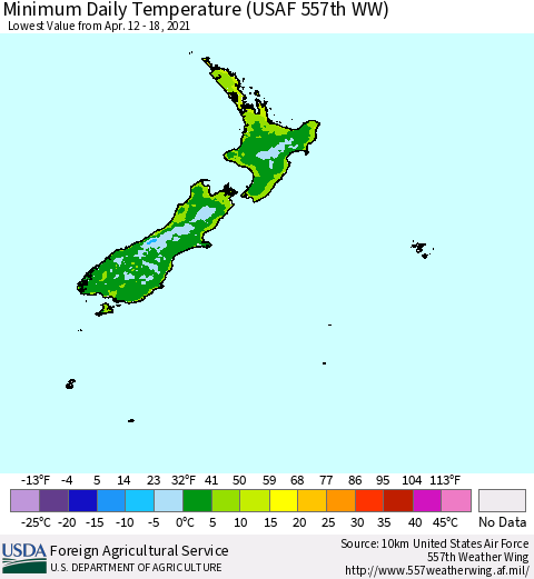 New Zealand Minimum Daily Temperature (USAF 557th WW) Thematic Map For 4/12/2021 - 4/18/2021