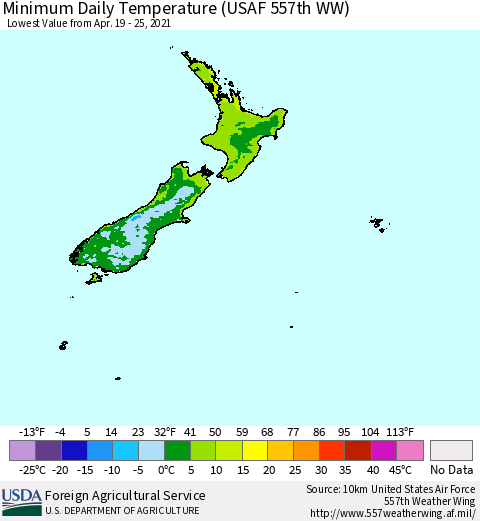 New Zealand Minimum Daily Temperature (USAF 557th WW) Thematic Map For 4/19/2021 - 4/25/2021