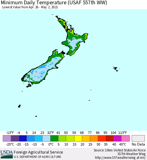 New Zealand Minimum Daily Temperature (USAF 557th WW) Thematic Map For 4/26/2021 - 5/2/2021