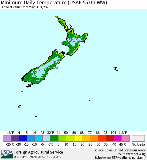 New Zealand Minimum Daily Temperature (USAF 557th WW) Thematic Map For 5/3/2021 - 5/9/2021