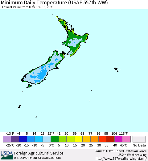 New Zealand Minimum Daily Temperature (USAF 557th WW) Thematic Map For 5/10/2021 - 5/16/2021