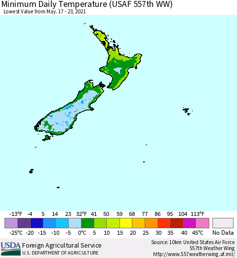 New Zealand Minimum Daily Temperature (USAF 557th WW) Thematic Map For 5/17/2021 - 5/23/2021