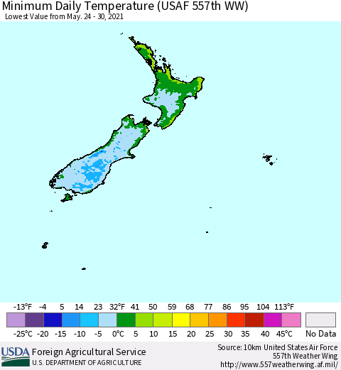 New Zealand Minimum Daily Temperature (USAF 557th WW) Thematic Map For 5/24/2021 - 5/30/2021