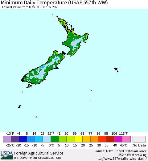 New Zealand Minimum Daily Temperature (USAF 557th WW) Thematic Map For 5/31/2021 - 6/6/2021