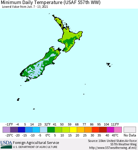 New Zealand Minimum Daily Temperature (USAF 557th WW) Thematic Map For 6/7/2021 - 6/13/2021