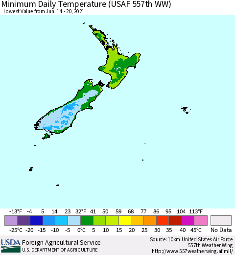 New Zealand Minimum Daily Temperature (USAF 557th WW) Thematic Map For 6/14/2021 - 6/20/2021