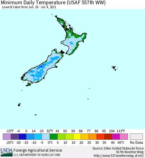 New Zealand Minimum Daily Temperature (USAF 557th WW) Thematic Map For 6/28/2021 - 7/4/2021