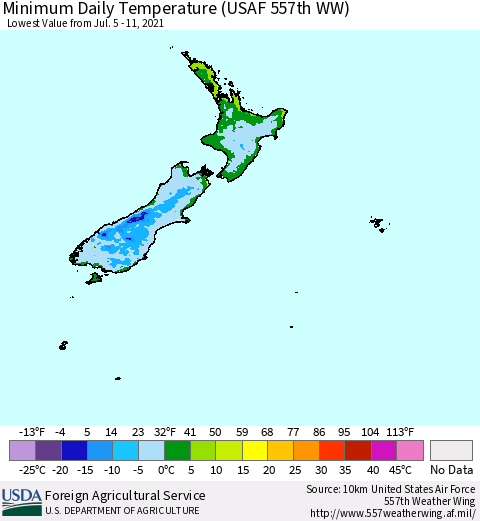 New Zealand Minimum Daily Temperature (USAF 557th WW) Thematic Map For 7/5/2021 - 7/11/2021