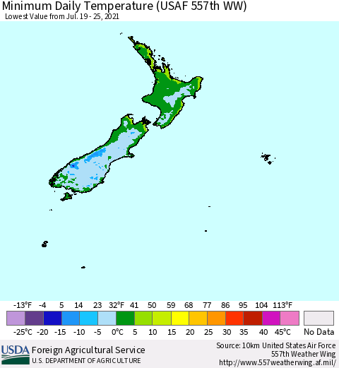 New Zealand Minimum Daily Temperature (USAF 557th WW) Thematic Map For 7/19/2021 - 7/25/2021