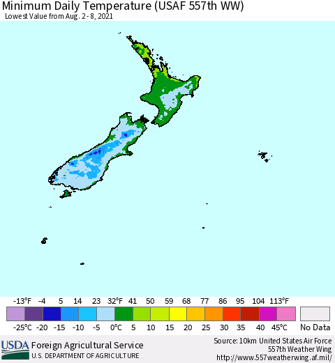 New Zealand Minimum Daily Temperature (USAF 557th WW) Thematic Map For 8/2/2021 - 8/8/2021