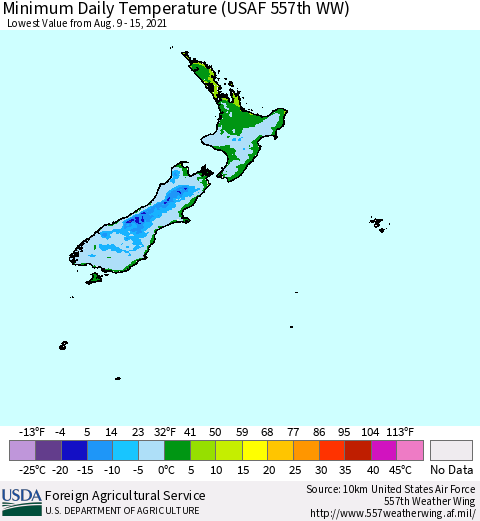 New Zealand Minimum Daily Temperature (USAF 557th WW) Thematic Map For 8/9/2021 - 8/15/2021