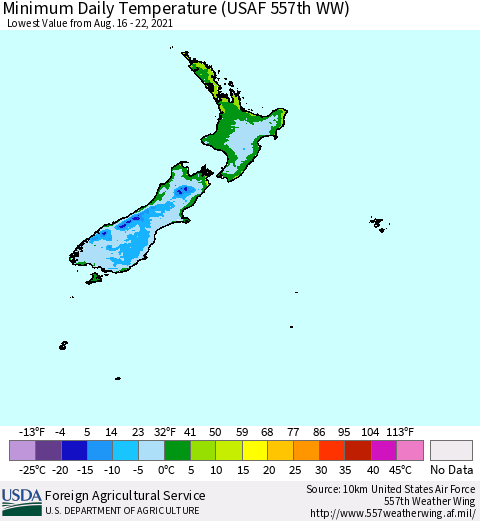 New Zealand Minimum Daily Temperature (USAF 557th WW) Thematic Map For 8/16/2021 - 8/22/2021