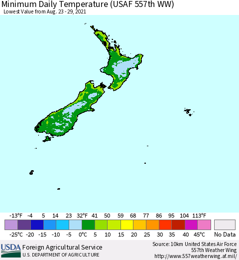 New Zealand Minimum Daily Temperature (USAF 557th WW) Thematic Map For 8/23/2021 - 8/29/2021