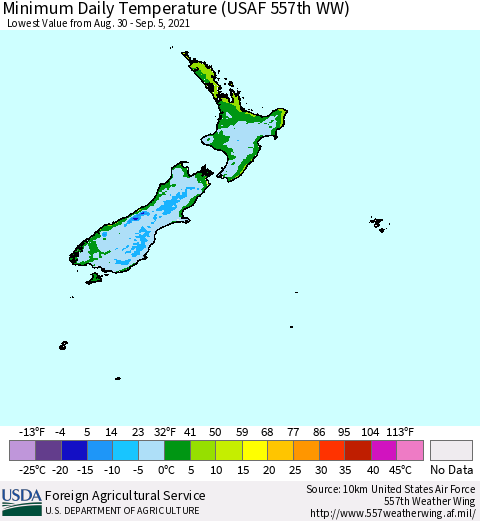 New Zealand Minimum Daily Temperature (USAF 557th WW) Thematic Map For 8/30/2021 - 9/5/2021
