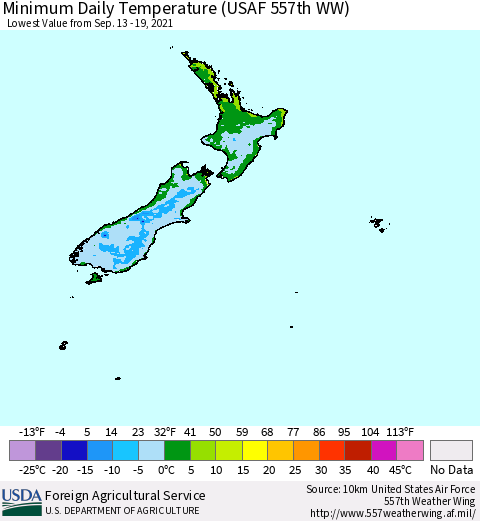 New Zealand Minimum Daily Temperature (USAF 557th WW) Thematic Map For 9/13/2021 - 9/19/2021