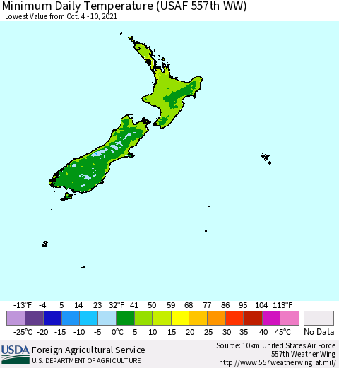 New Zealand Minimum Daily Temperature (USAF 557th WW) Thematic Map For 10/4/2021 - 10/10/2021