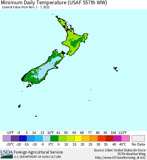 New Zealand Minimum Daily Temperature (USAF 557th WW) Thematic Map For 11/1/2021 - 11/7/2021