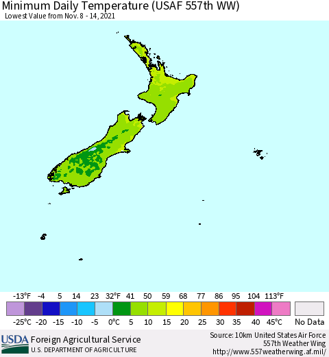 New Zealand Minimum Daily Temperature (USAF 557th WW) Thematic Map For 11/8/2021 - 11/14/2021