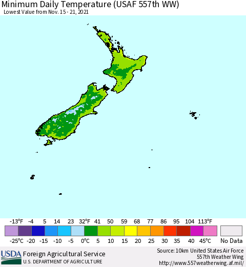 New Zealand Minimum Daily Temperature (USAF 557th WW) Thematic Map For 11/15/2021 - 11/21/2021