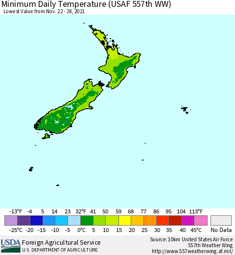 New Zealand Minimum Daily Temperature (USAF 557th WW) Thematic Map For 11/22/2021 - 11/28/2021