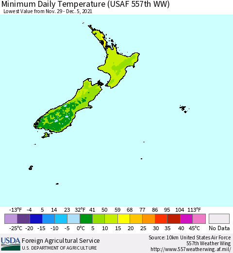 New Zealand Minimum Daily Temperature (USAF 557th WW) Thematic Map For 11/29/2021 - 12/5/2021