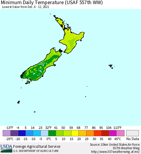 New Zealand Minimum Daily Temperature (USAF 557th WW) Thematic Map For 12/6/2021 - 12/12/2021