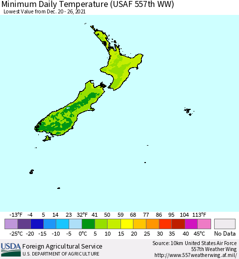New Zealand Minimum Daily Temperature (USAF 557th WW) Thematic Map For 12/20/2021 - 12/26/2021