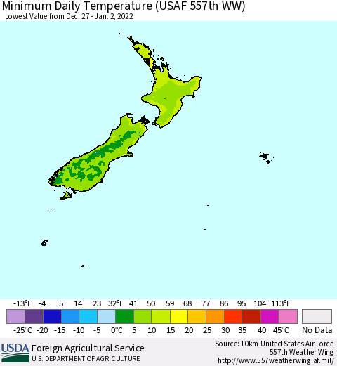 New Zealand Minimum Daily Temperature (USAF 557th WW) Thematic Map For 12/27/2021 - 1/2/2022