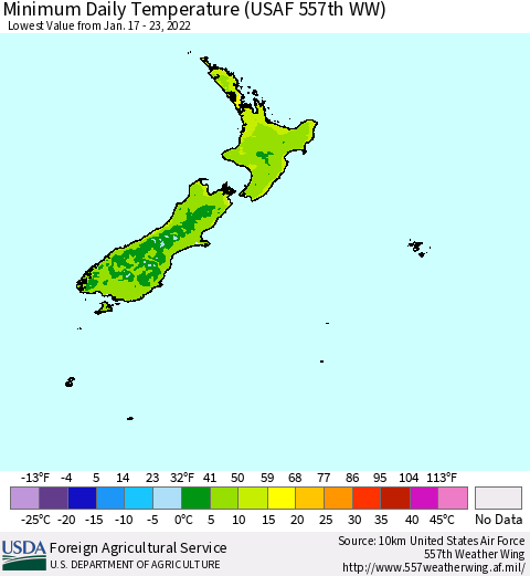 New Zealand Minimum Daily Temperature (USAF 557th WW) Thematic Map For 1/17/2022 - 1/23/2022