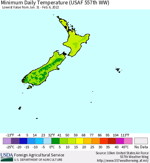 New Zealand Minimum Daily Temperature (USAF 557th WW) Thematic Map For 1/31/2022 - 2/6/2022