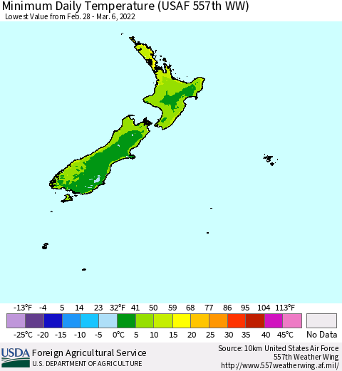 New Zealand Minimum Daily Temperature (USAF 557th WW) Thematic Map For 2/28/2022 - 3/6/2022
