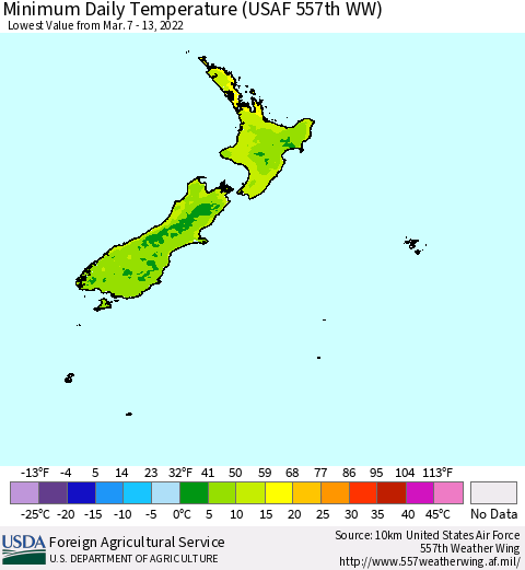 New Zealand Minimum Daily Temperature (USAF 557th WW) Thematic Map For 3/7/2022 - 3/13/2022