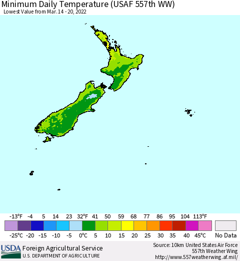 New Zealand Minimum Daily Temperature (USAF 557th WW) Thematic Map For 3/14/2022 - 3/20/2022