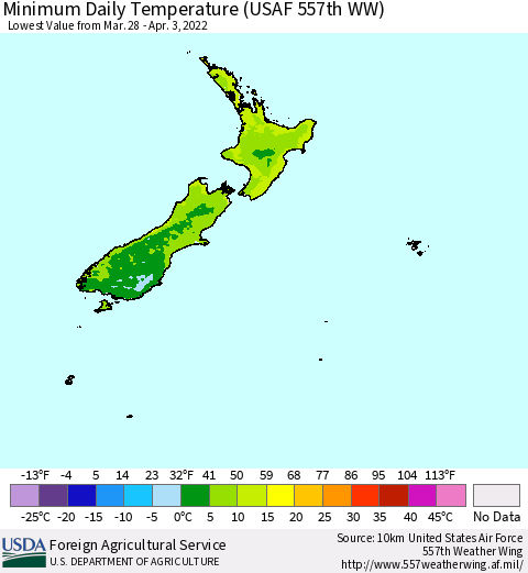 New Zealand Minimum Daily Temperature (USAF 557th WW) Thematic Map For 3/28/2022 - 4/3/2022